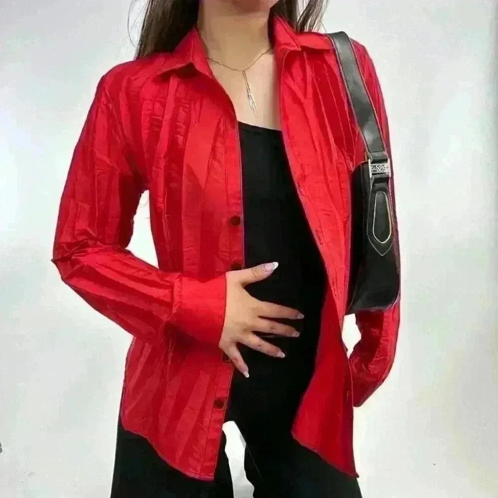 90s vintage style  supermodel Red Pleat blouse - Picture 6 of 8